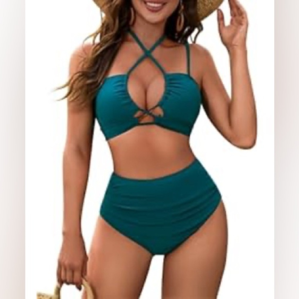 Womens High Waisted Bikini Set Tummy Control, Turquoise Size Medium Summer Swim